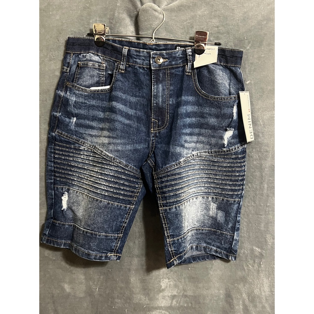 Southpole Active Flex Moto Denim Shorts Slim Distressed Dark Wash Stretch 32 NWT